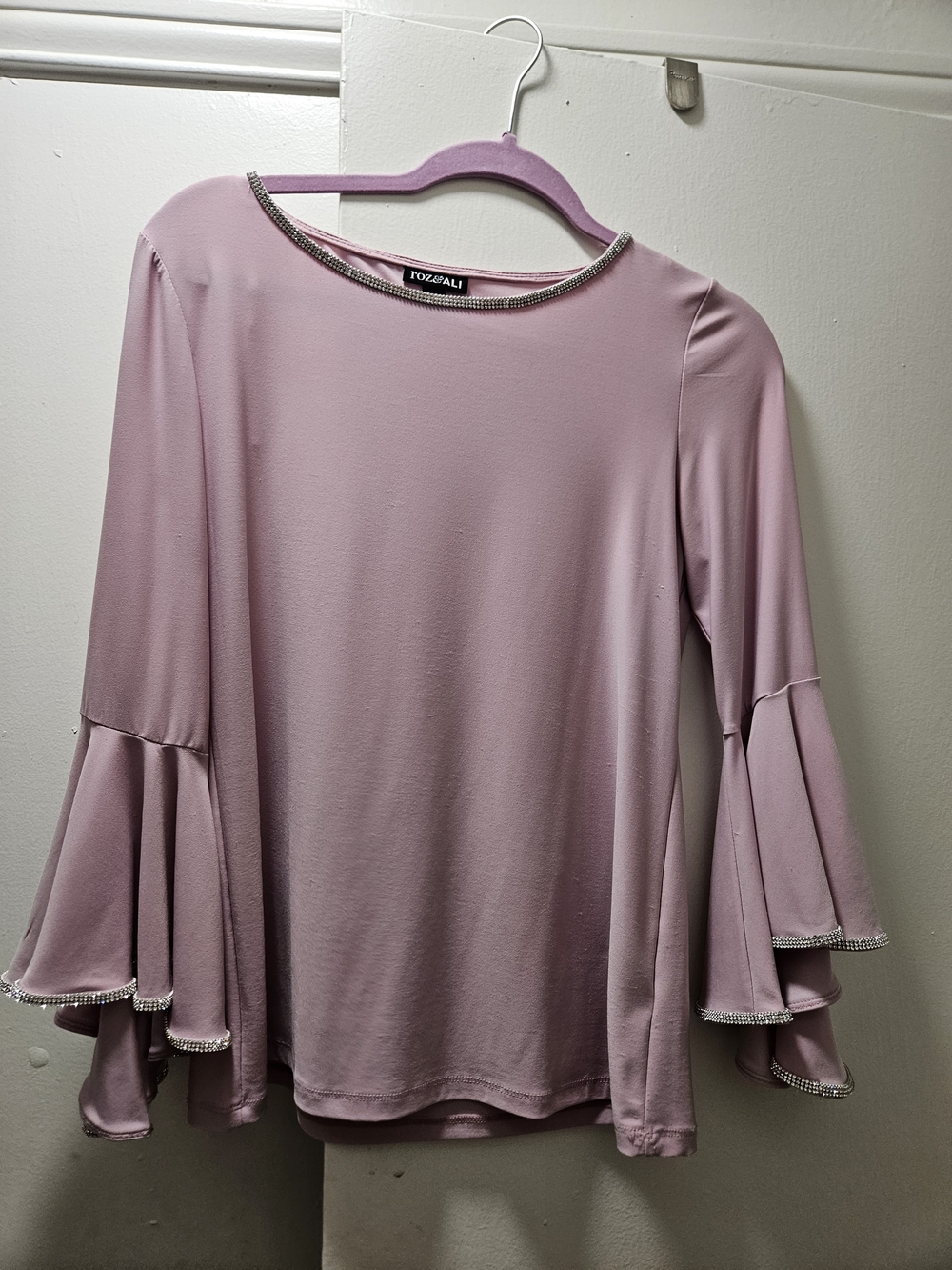 Roz & Ali Dusty Pink Bell Sleeve Top with Rhinestone Trim